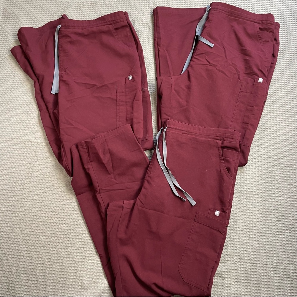Figs Yola Scrub Pants XLT XL Tall Womens Set Of 3 High Rise Slim Leg Burgundy